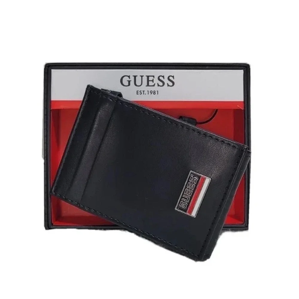 Guess Mens Black Slim Card Case Bifold Wallet with ID Window and Logo Box